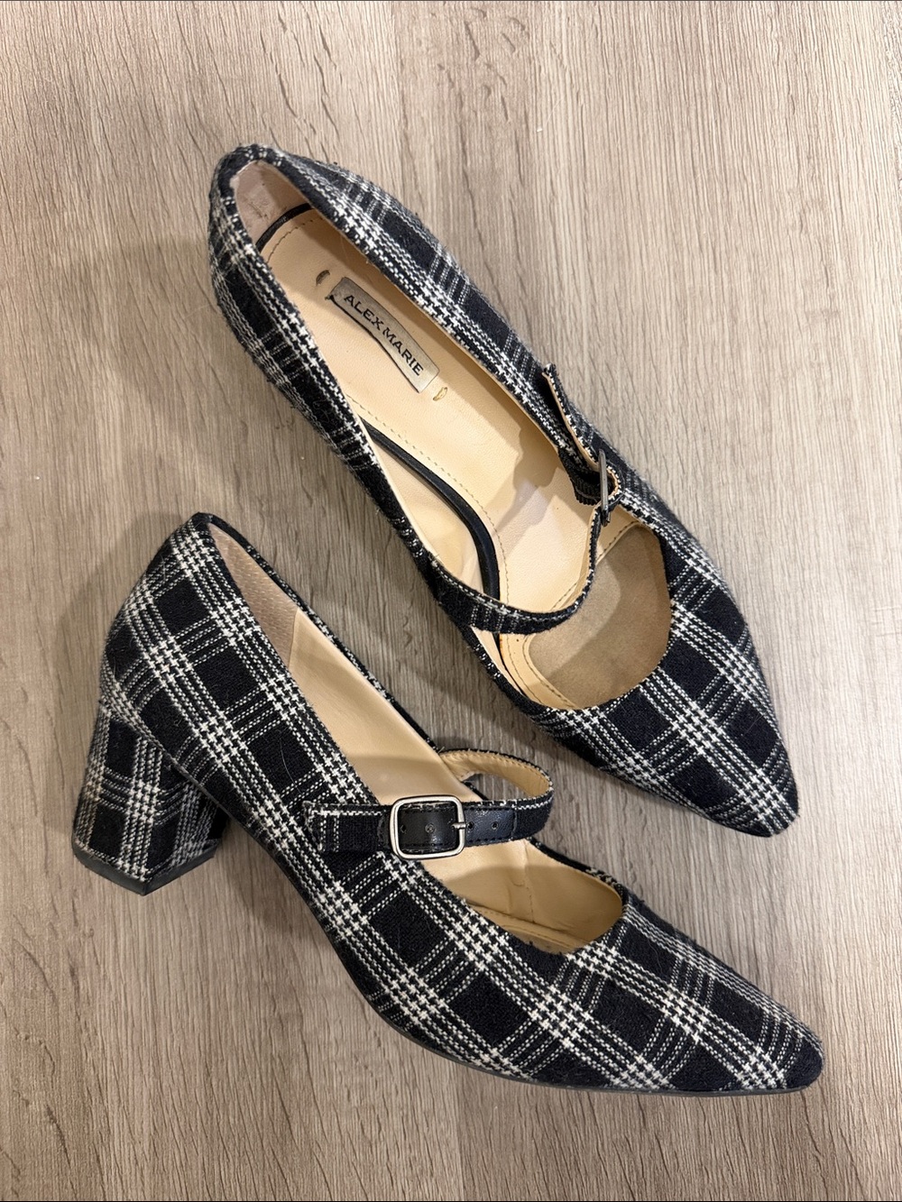 Alex Marie Black and White Plaid Mary Jane Block Heel Pumps